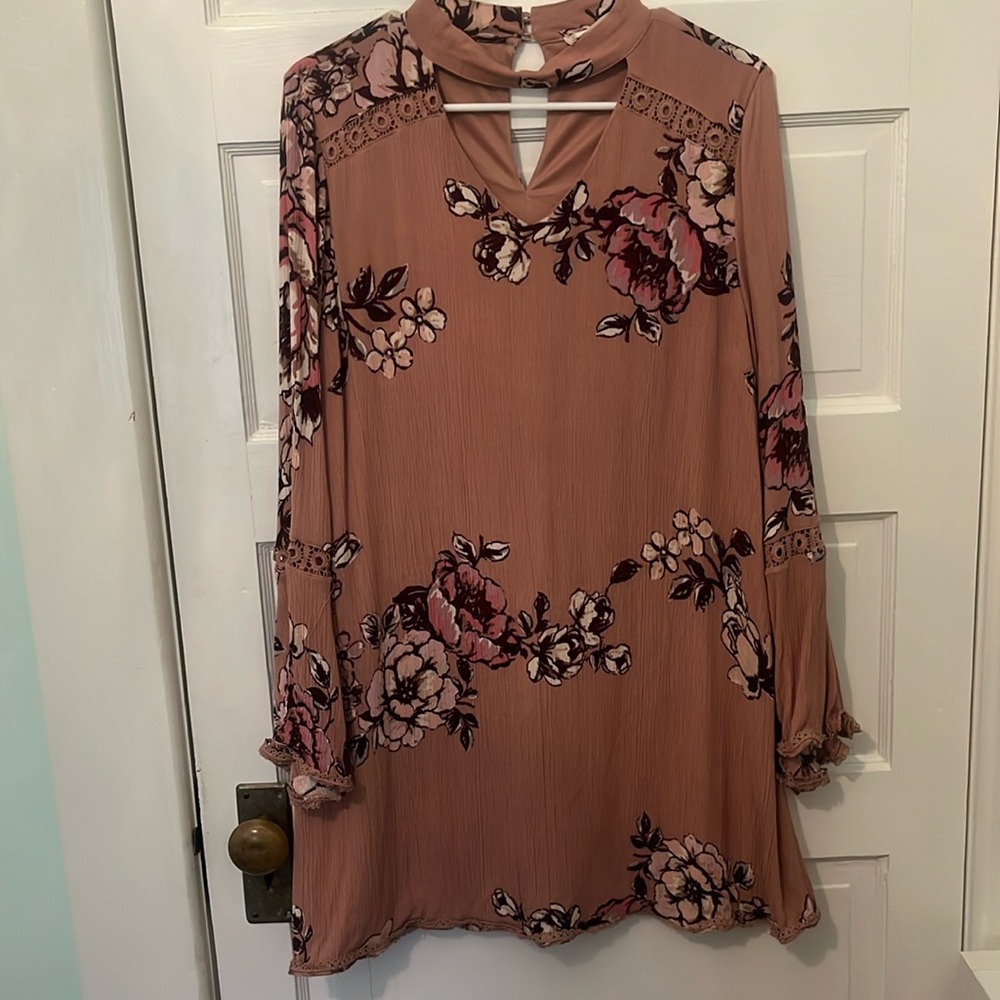 Altar’d State floral mini dress. V-neck with bell sleeves and eyelet details. M